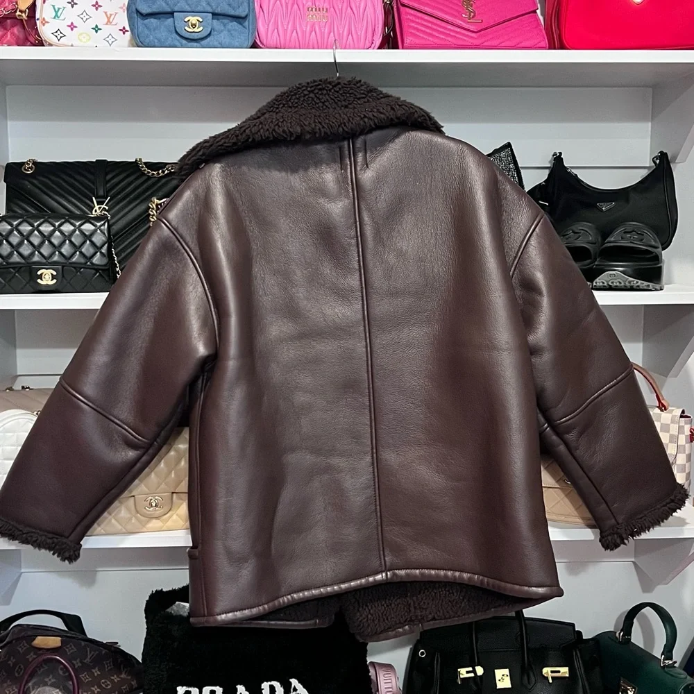 Boohoo Dark Brown Faux Leather Shearling-Trim Jacket - Picture 11 of 11